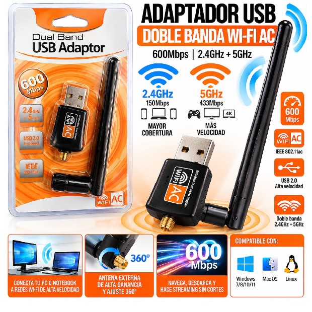 &ua PLACA USB ANTENA WIFI  DUAL 600MPS NARANJA (2161)